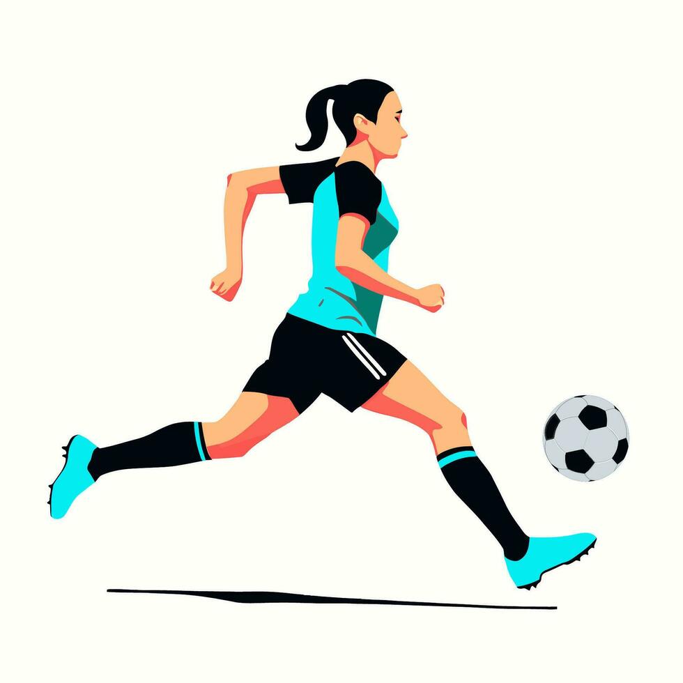 Female soccer player running with football ball, vector illustration for 2023 Women's World Cup.