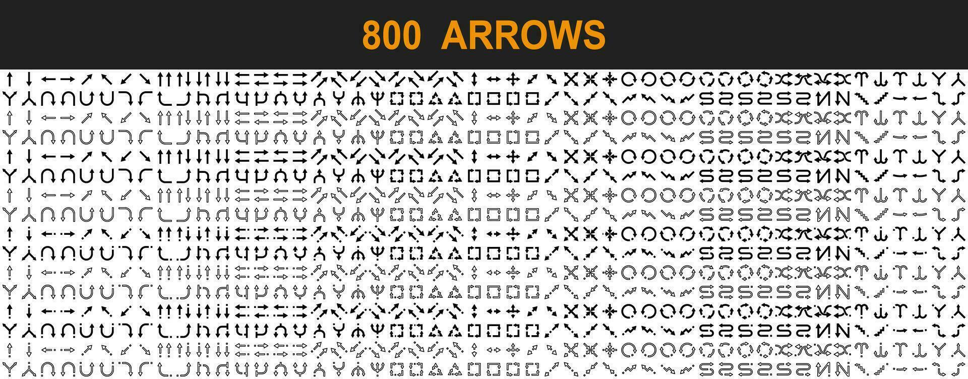 Big arrow set of 800 icons in 8 styles. Solid, filled, outline, pulsar line and other arrows for web design. Huge vector collection of isolated black and white arrow signs. Pixel perfect pictograms.