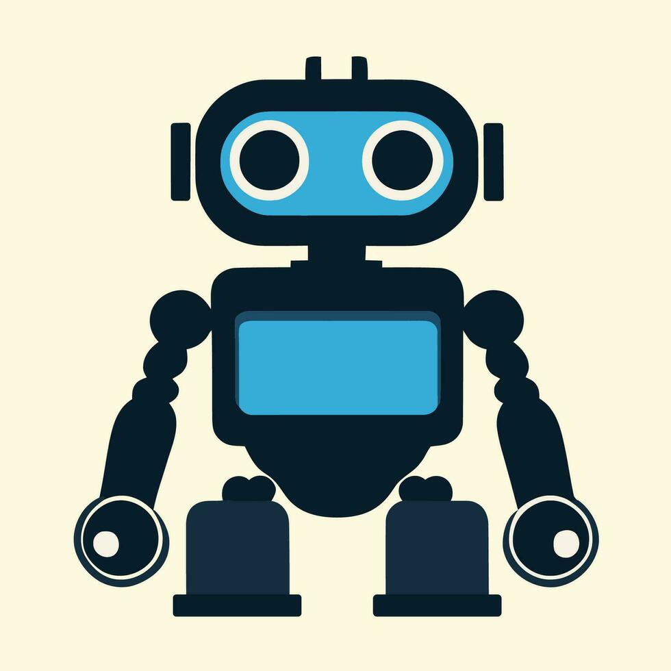 Simple robot character with a blue screen on its chest and two antennas, vector sci-fi illustration.