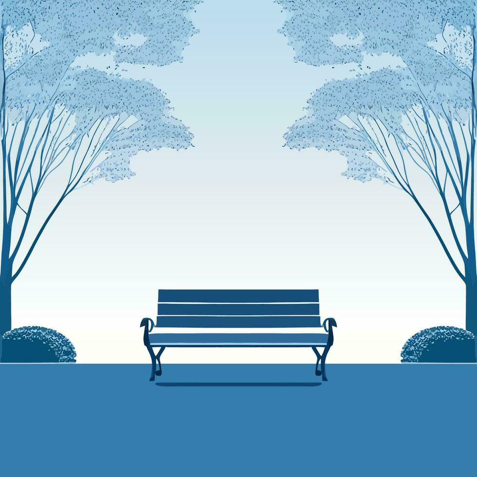 paisaje en acuarela estilo, un banco en un parque con arboles y césped en el fondo, penumbra, azul cielo, libro cubrir ilustración. vector