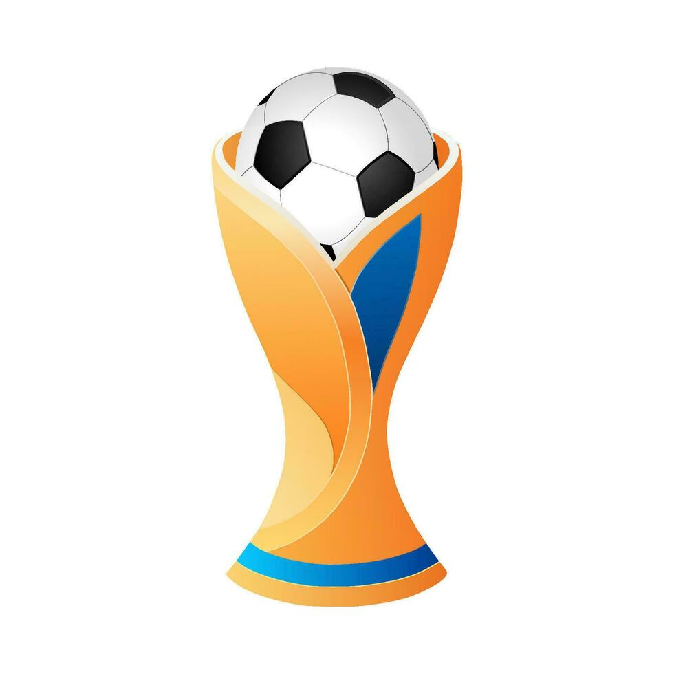 A soccer trophy with a ball on top. Golden cup with blue inlay and has a curved shape. Football emblem, vector illustration.