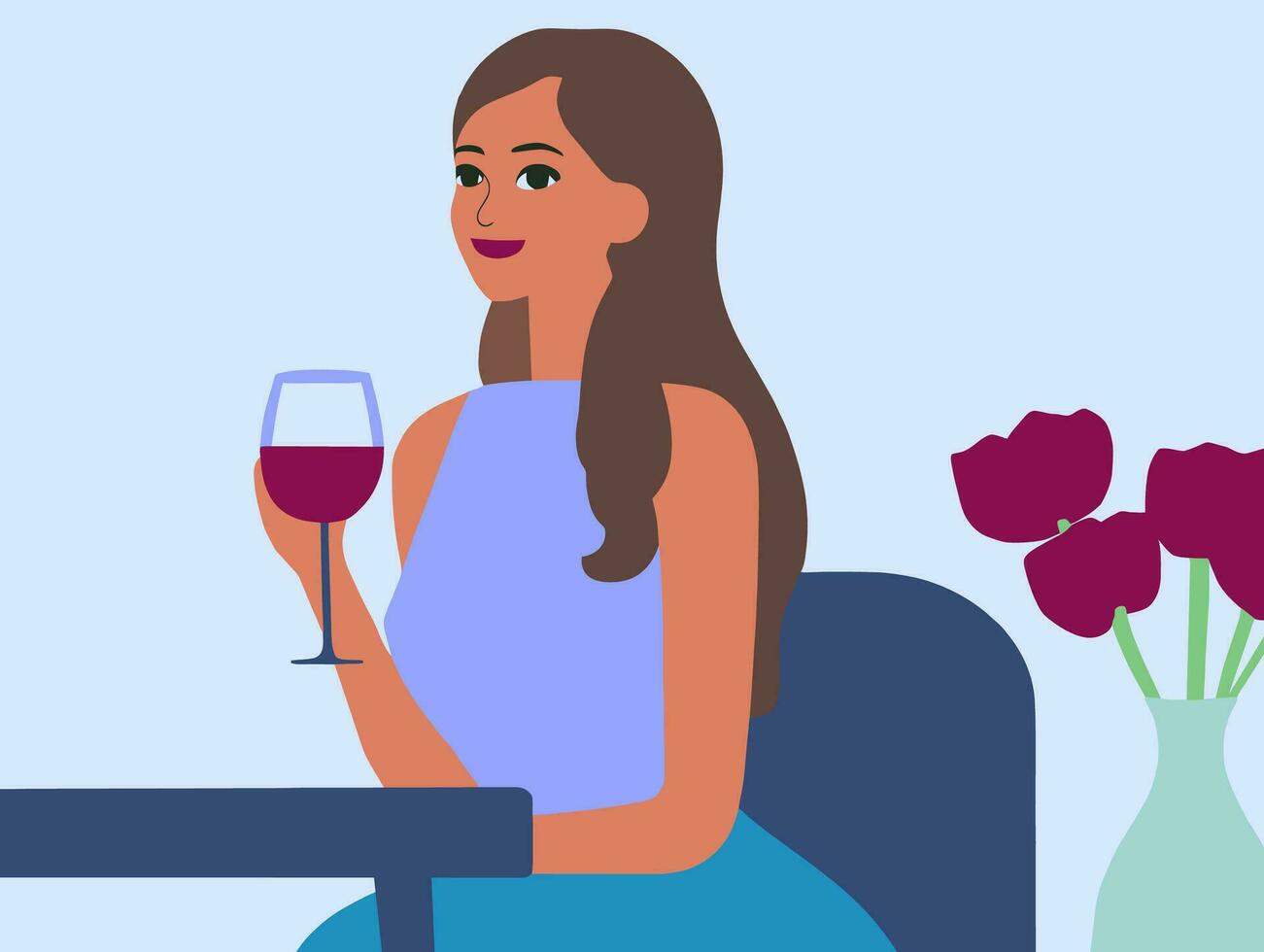 Woman sitting at a table with a glass of red wine. She is wearing a blue dress and has long brown hair. There are some flowers in a vase. Vector illustration in trendy minimalistic corporate style.
