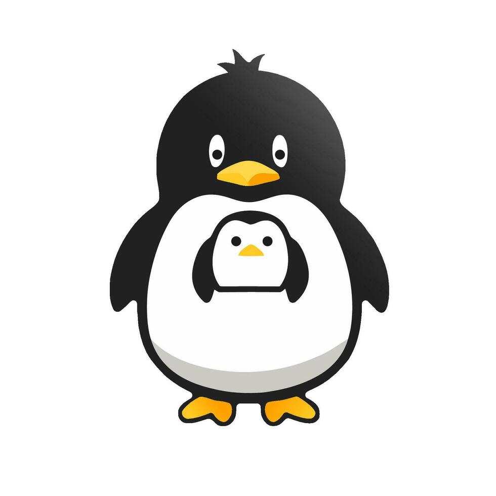 Cute penguin character with a portrait of a little penguin on his chest, vector illustration.