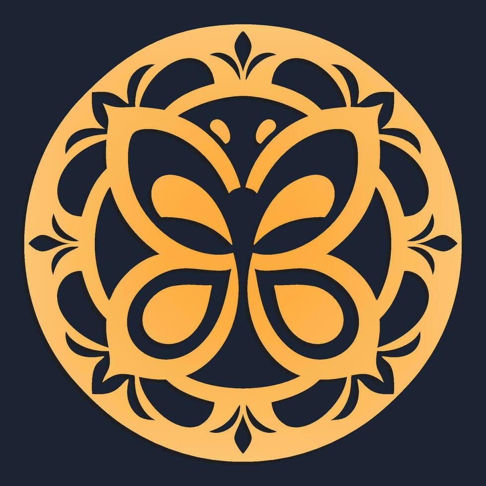 Golden medallion with a butterfly on dark background, game asset, vector illustration.