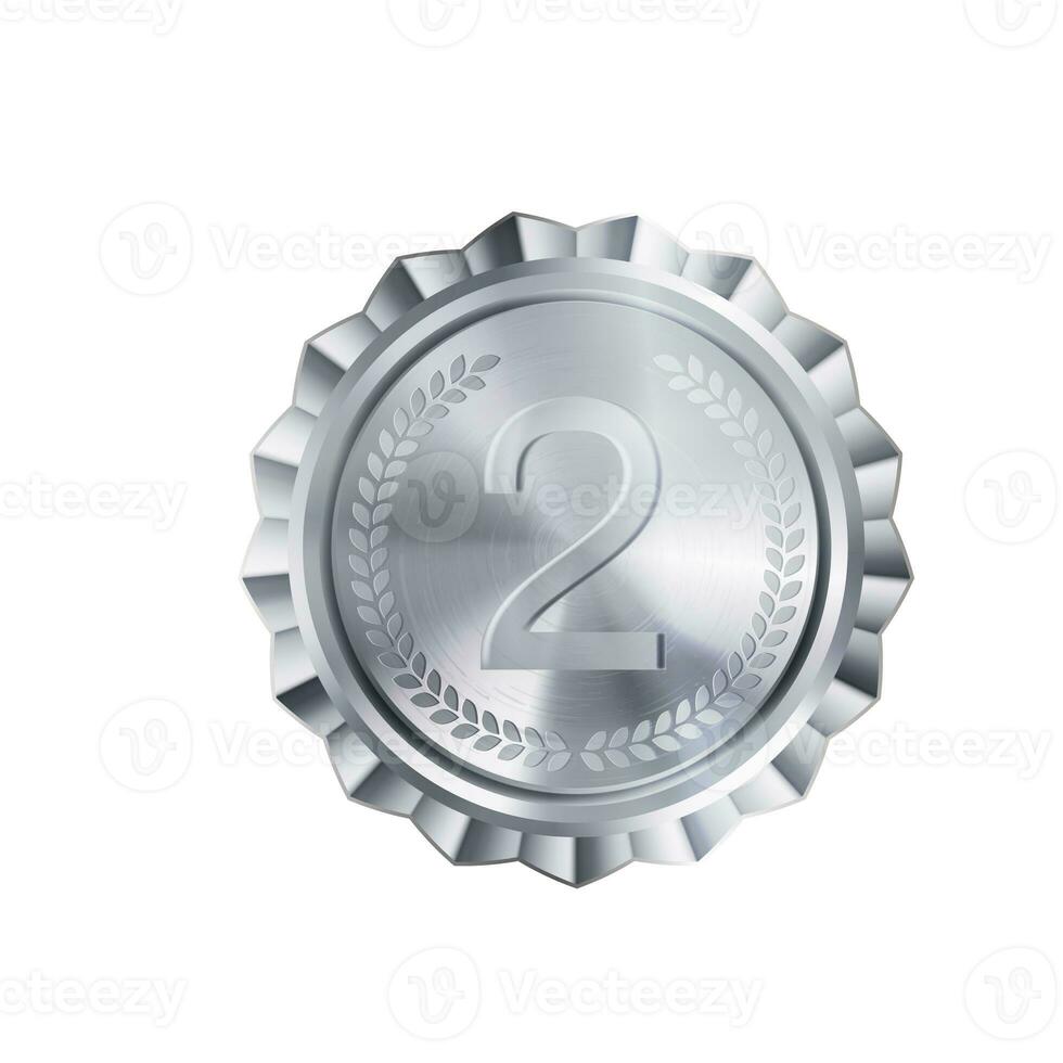 Realistic silver medal with engraved laurel wreath and number two. Versatile designs for custom awards and creative projects. photo