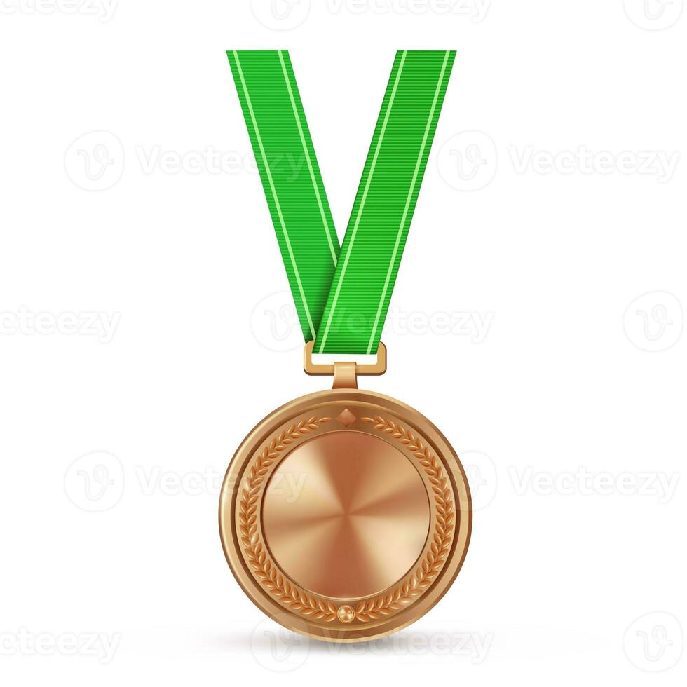 realista bronce vacío medalla en verde cinta. Deportes competencia premios para tercero lugar. campeonato recompensa para victorias y logros foto