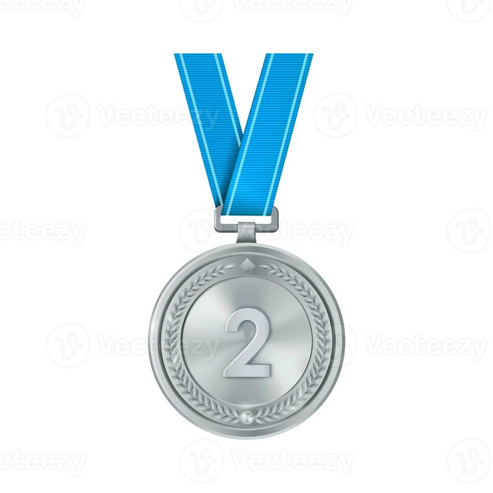 Realistic silver medal on blue ribbon with engraved number two. Sports competition awards for second place. Championship reward for achievements and victory. photo