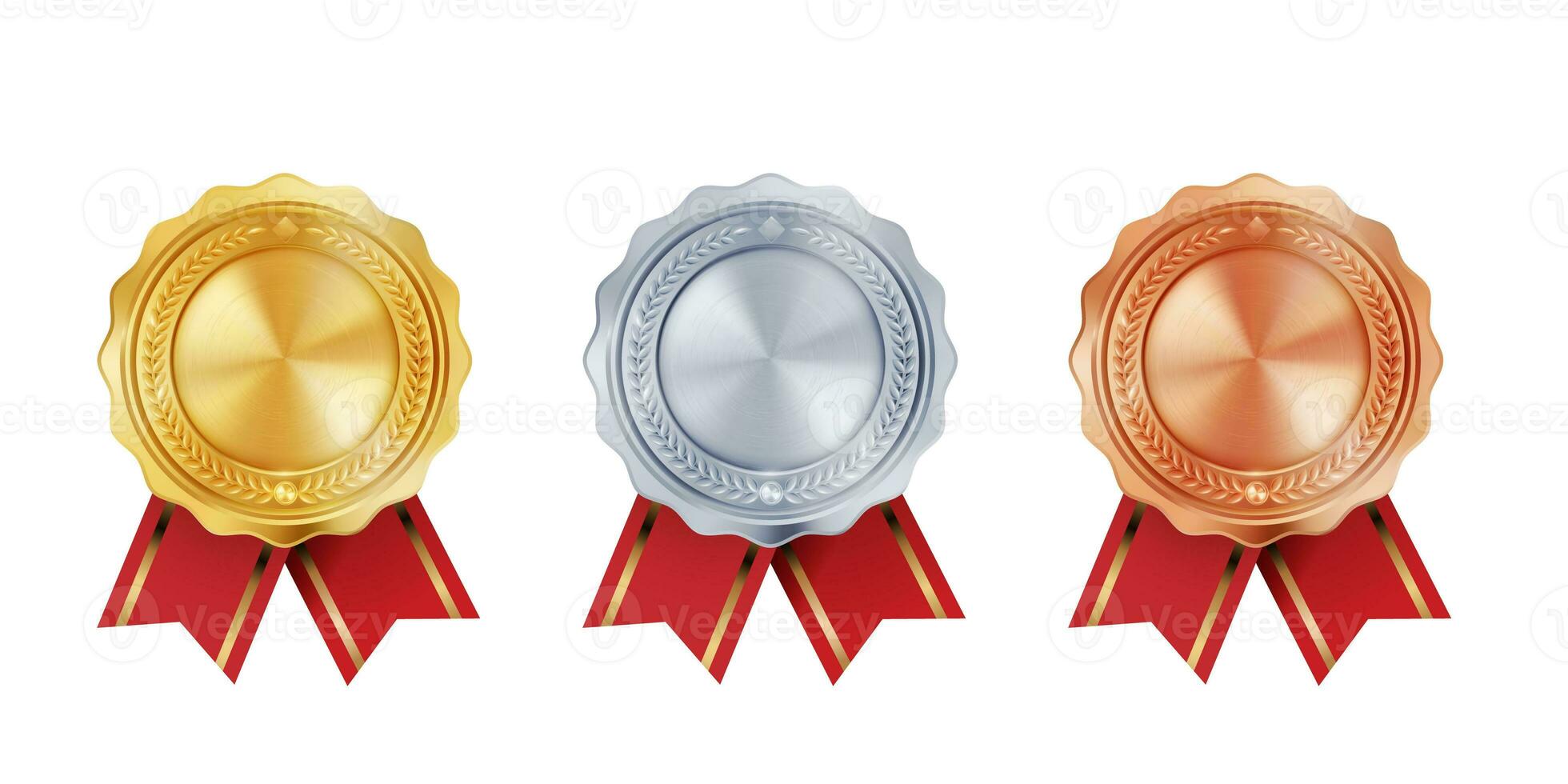 Shiny gold, silver, and bronze award medals with red ribbon rosettes. Vector collection on white background. symbol of winners and achievements. photo