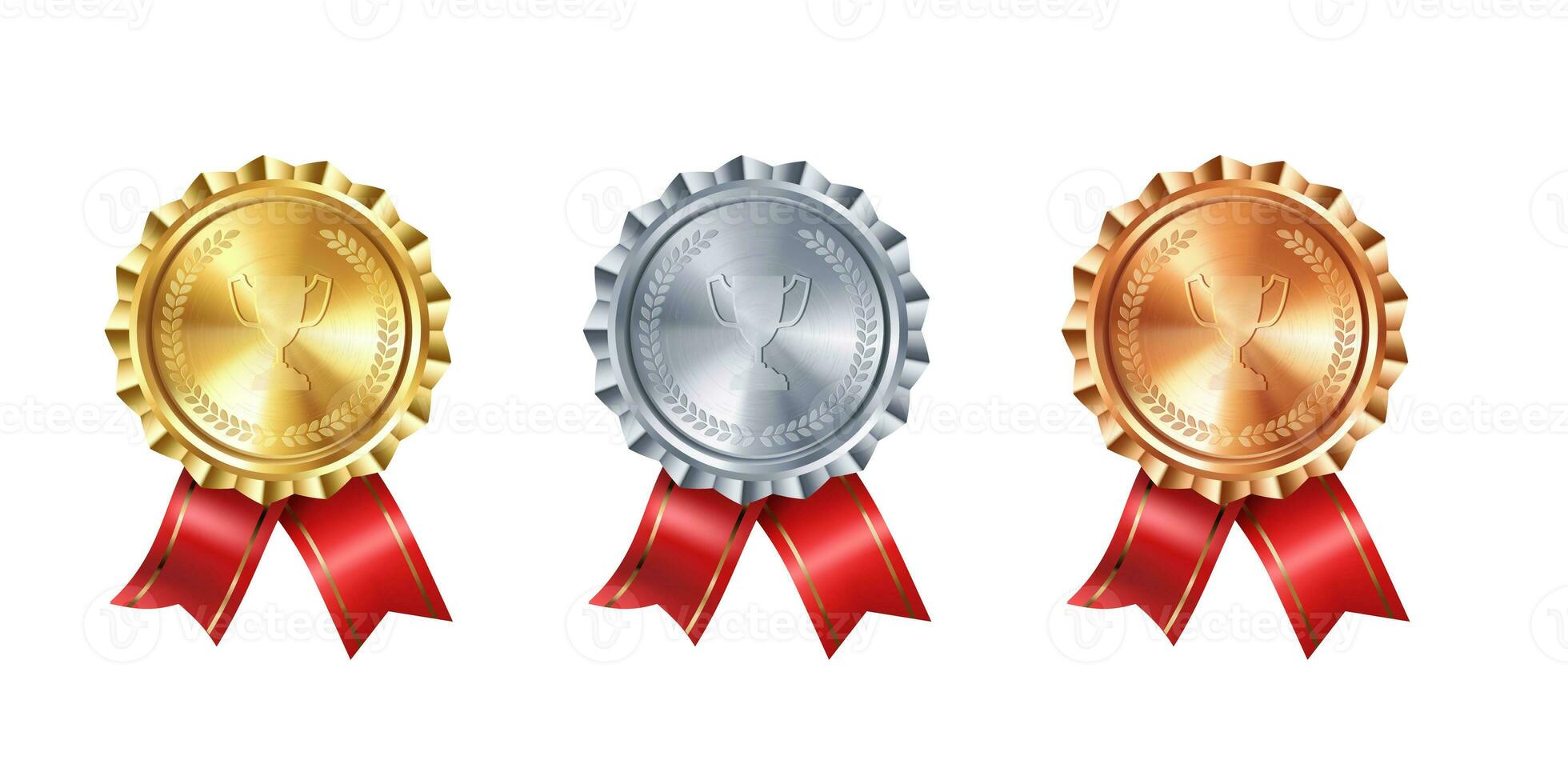 Realistic Collection of gold, silver, and bronze award medals with red ribbon rosettes and engraved winner cup. Vector set. Premium badges for winners and achievements. photo