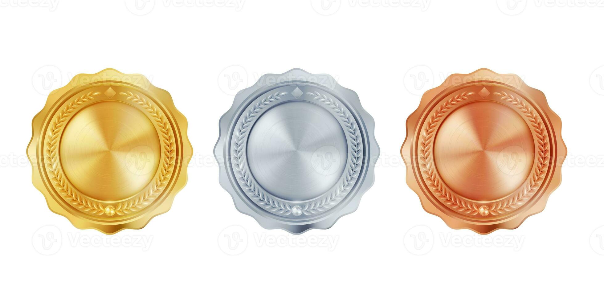 Blank medal templates in gold, silver, and bronze. Versatile designs for custom awards and creative projects photo