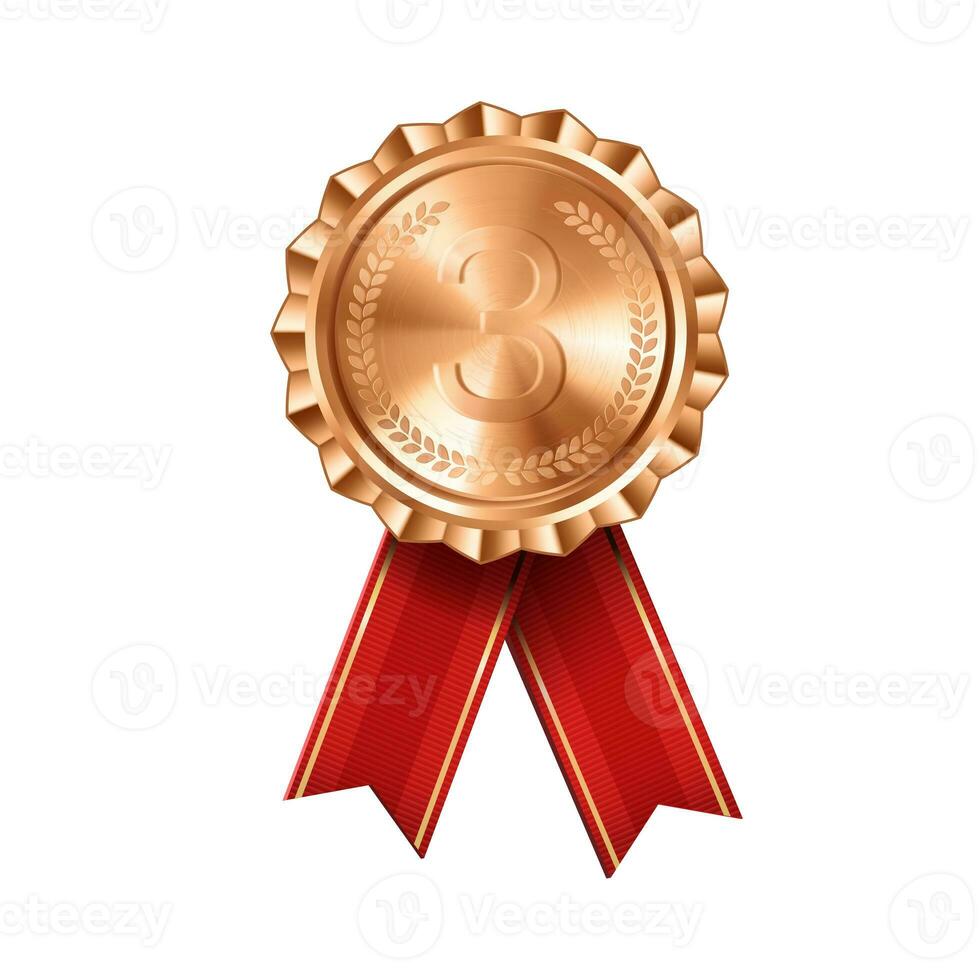 Realistic bronze award medal with red ribbons engraved number three. Premium badge for winners and achievements photo