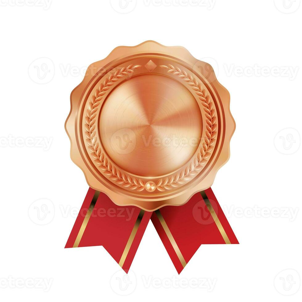 Shiny realistic empty bronze award medal with red ribbon rosettes on white background. Symbol of winners and achievements. photo