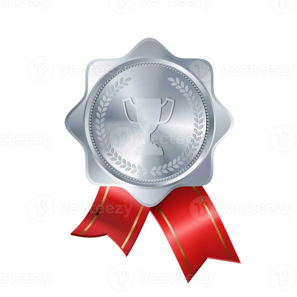 realista plata premio medalla con rojo cintas y grabado del ganador taza. prima Insignia para ganadores y logros foto