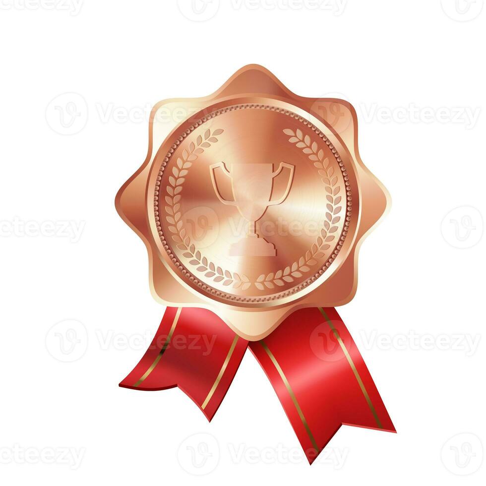 realista bronce premio medalla con rojo cintas y grabado del ganador taza. prima Insignia para ganadores y logros foto