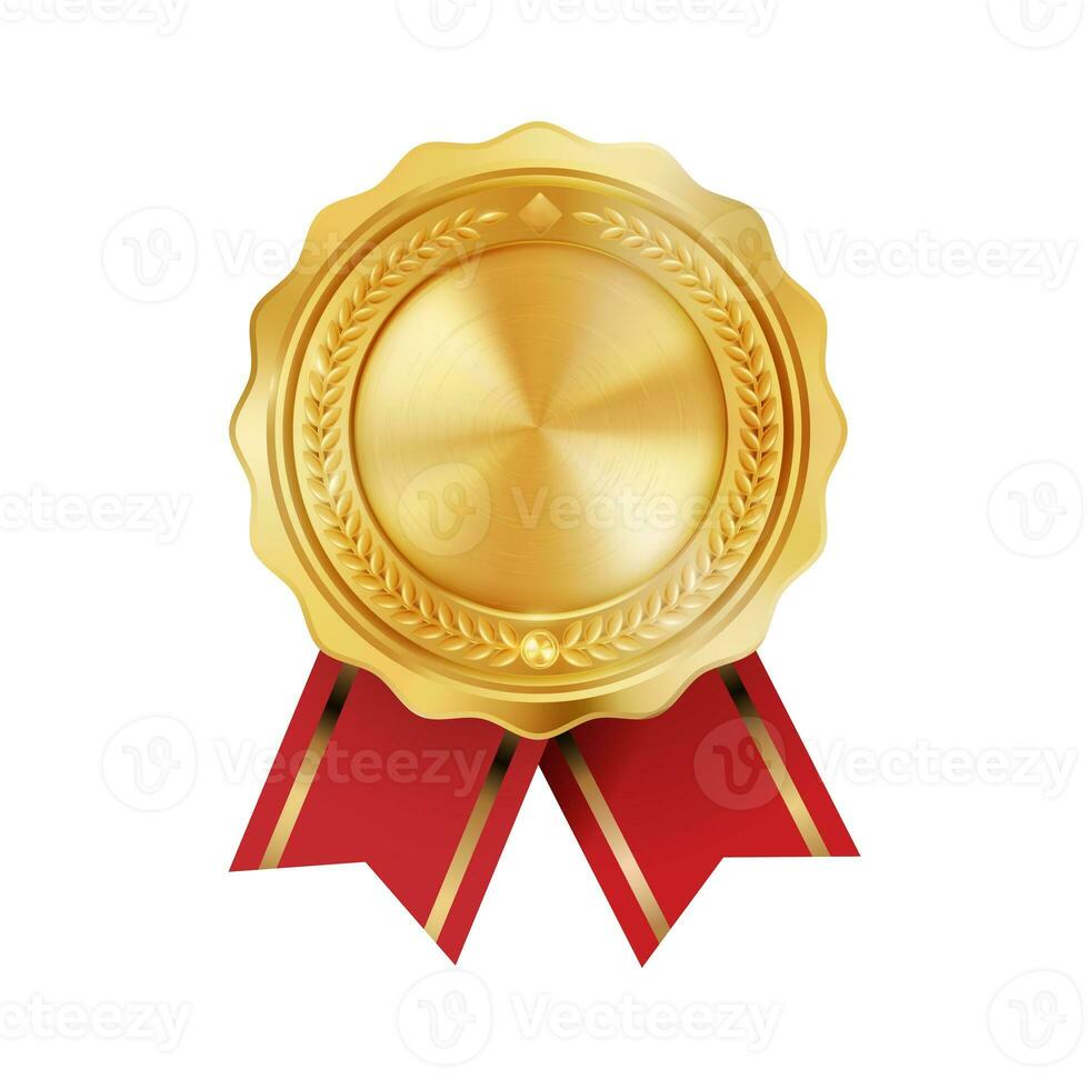 Shiny realistic empty gold award medal with red ribbon rosettes on white background. Symbol of winners and achievements. photo