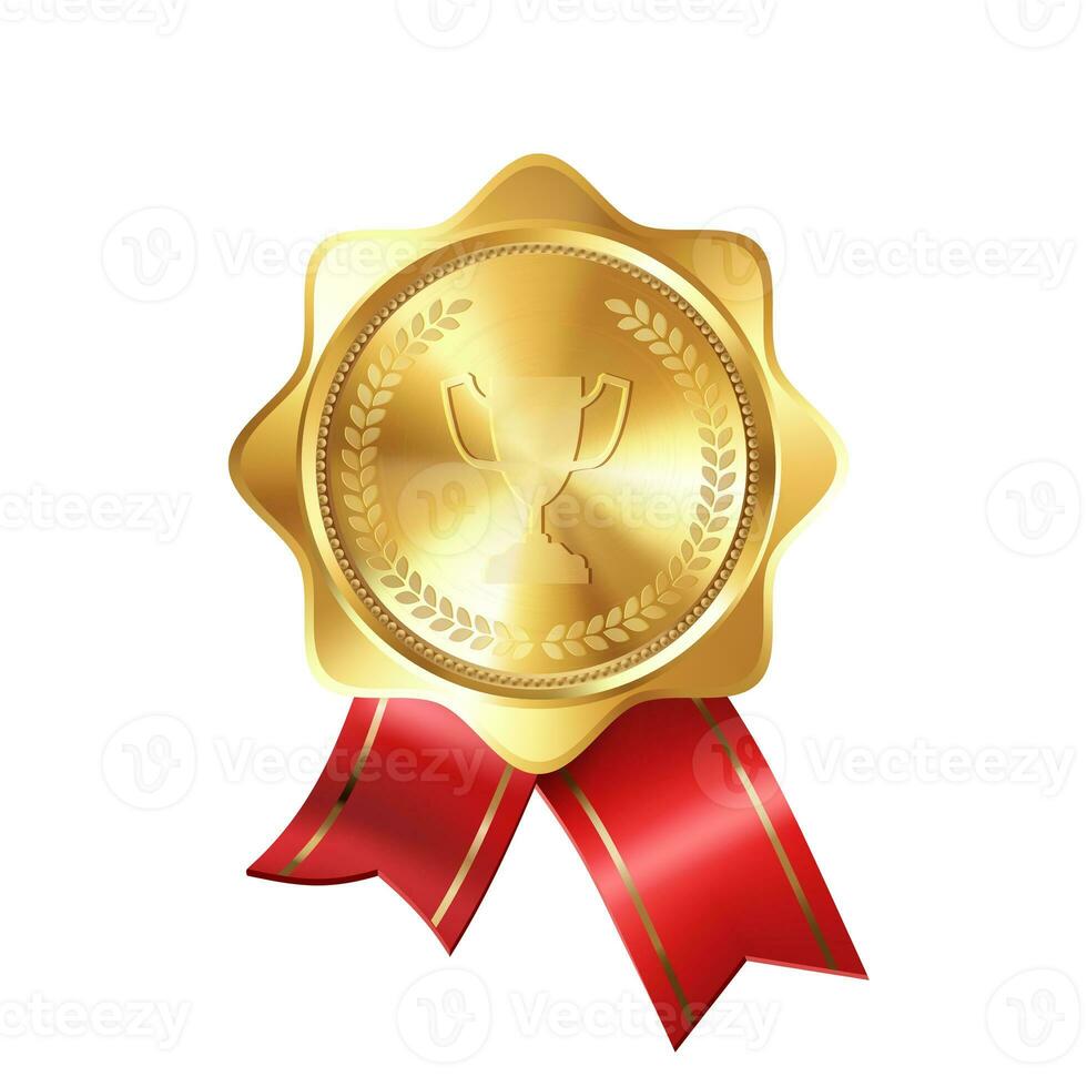 realista oro premio medalla con rojo cintas y grabado del ganador taza. prima Insignia para ganadores y logros foto