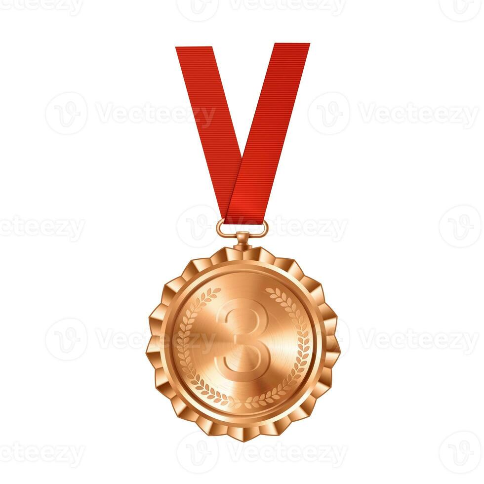 realista bronce medalla en rojo cinta con grabado número tres. Deportes competencia premios para tercero lugar. campeonato recompensa para logros y victoria. foto