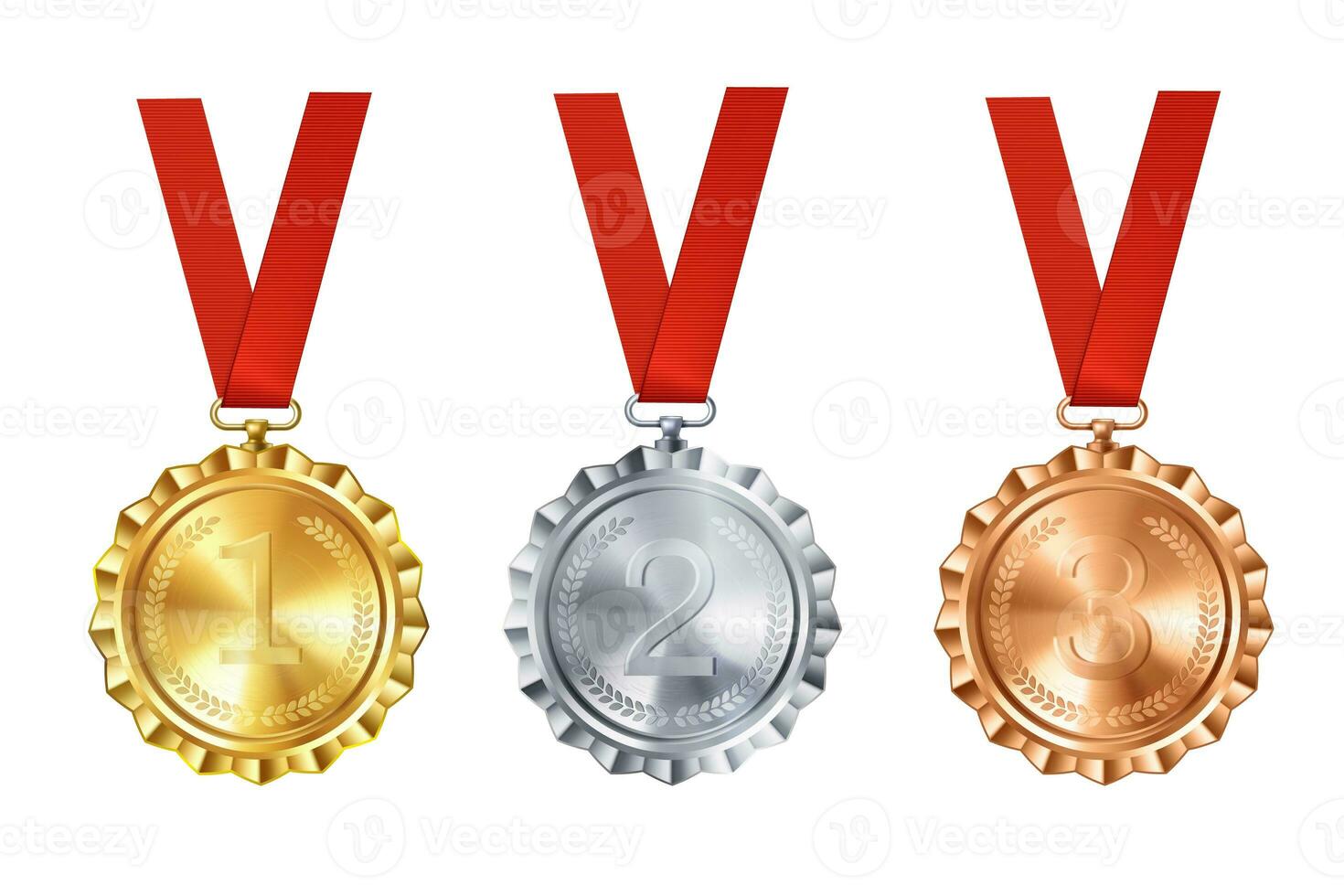 Realistic set of golden, silver, and bronze medals on red ribbons. Sports competition awards for 1st, 2nd, and 3rd place. Championship rewards for achievements and victories. photo