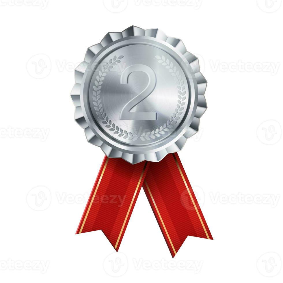 Realistic silver award medal with red ribbons engraved number two. Premium badge for winners and achievements photo