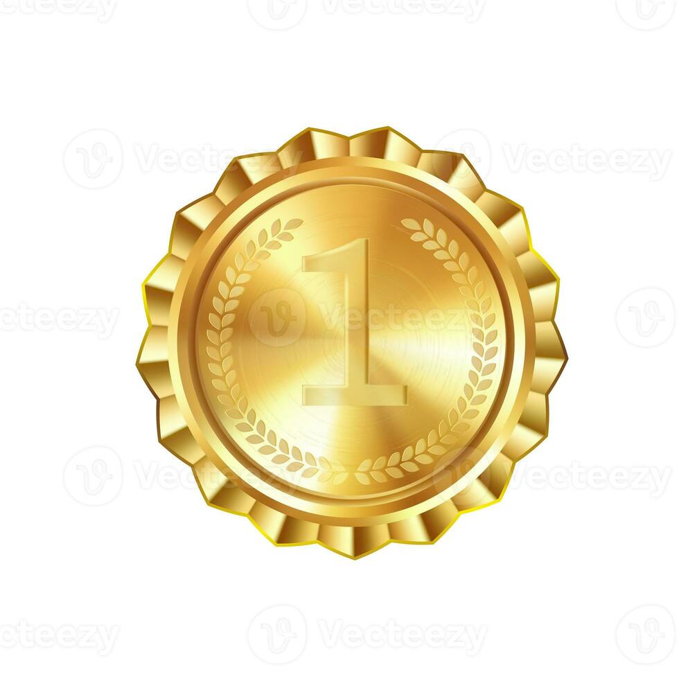 Realistic golden medal with engraved laurel wreath and number one. Versatile designs for custom awards and creative projects. photo