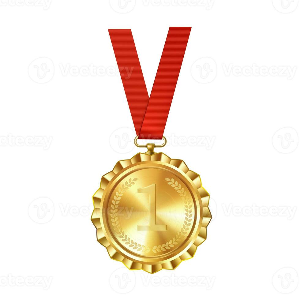 Realistic golden medal on red ribbon with engraved number one. Sports competition awards for first place. Championship reward for achievements and victory. photo