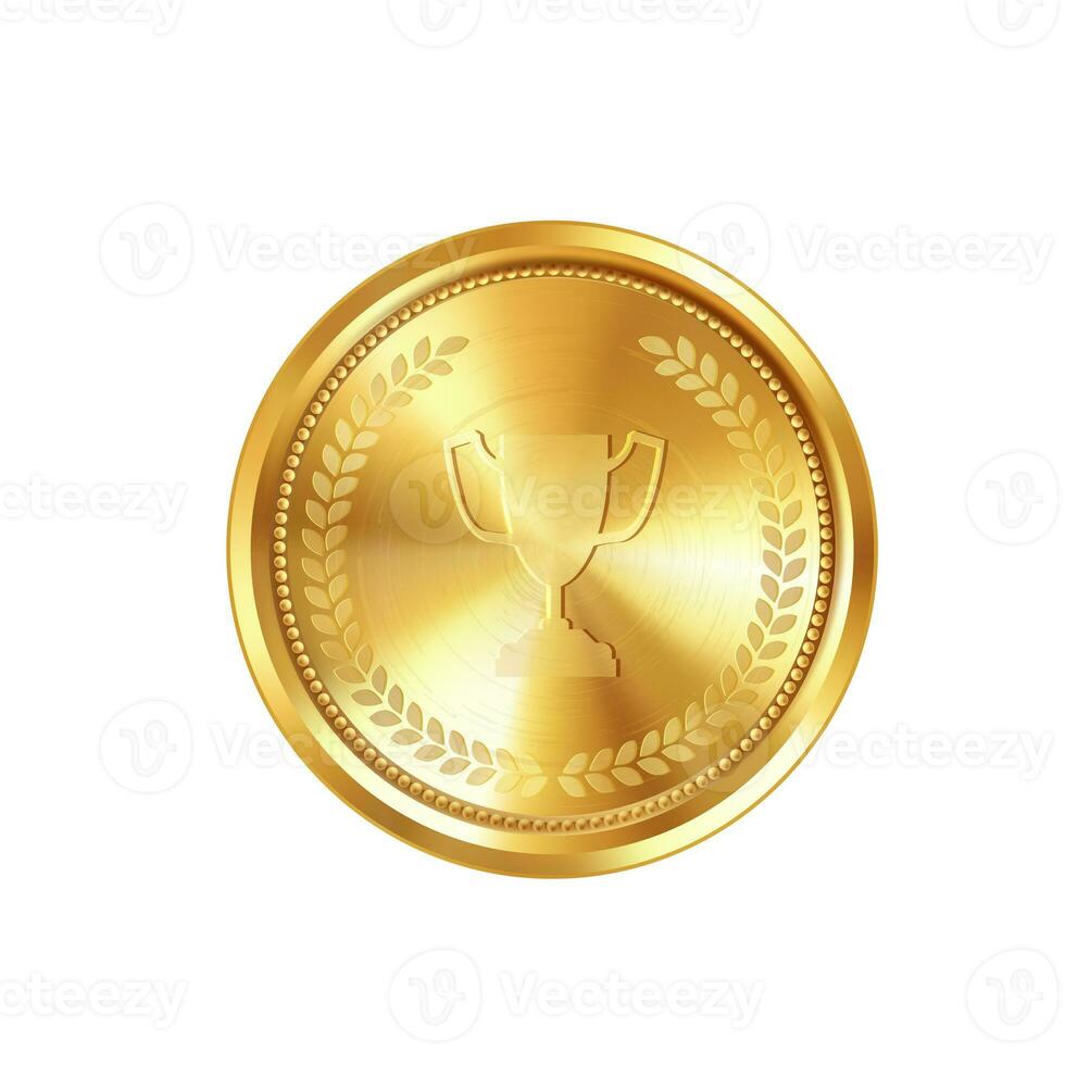 Realistic gold medal with engraved laurel wreath and winner cup. Versatile designs for custom awards and creative projects. photo