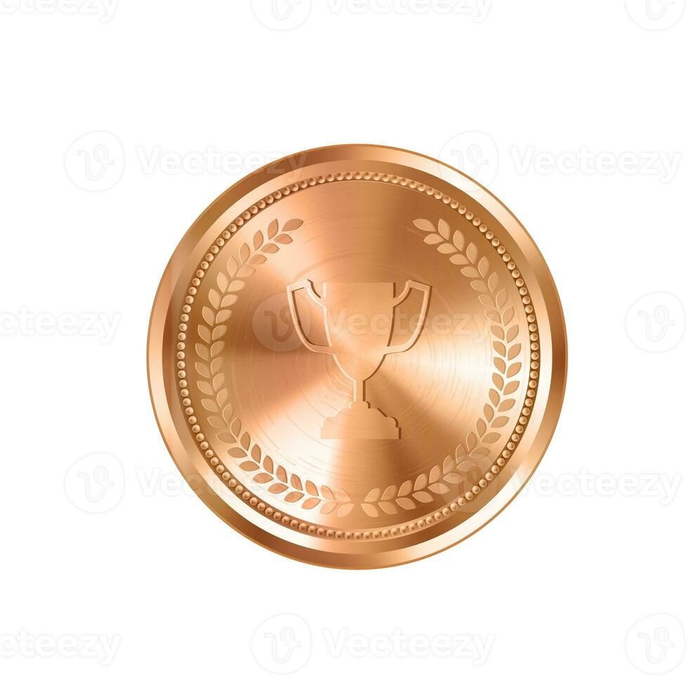 Realistic bronze medal with engraved laurel wreath and winner cup. Versatile designs for custom awards and creative projects. photo