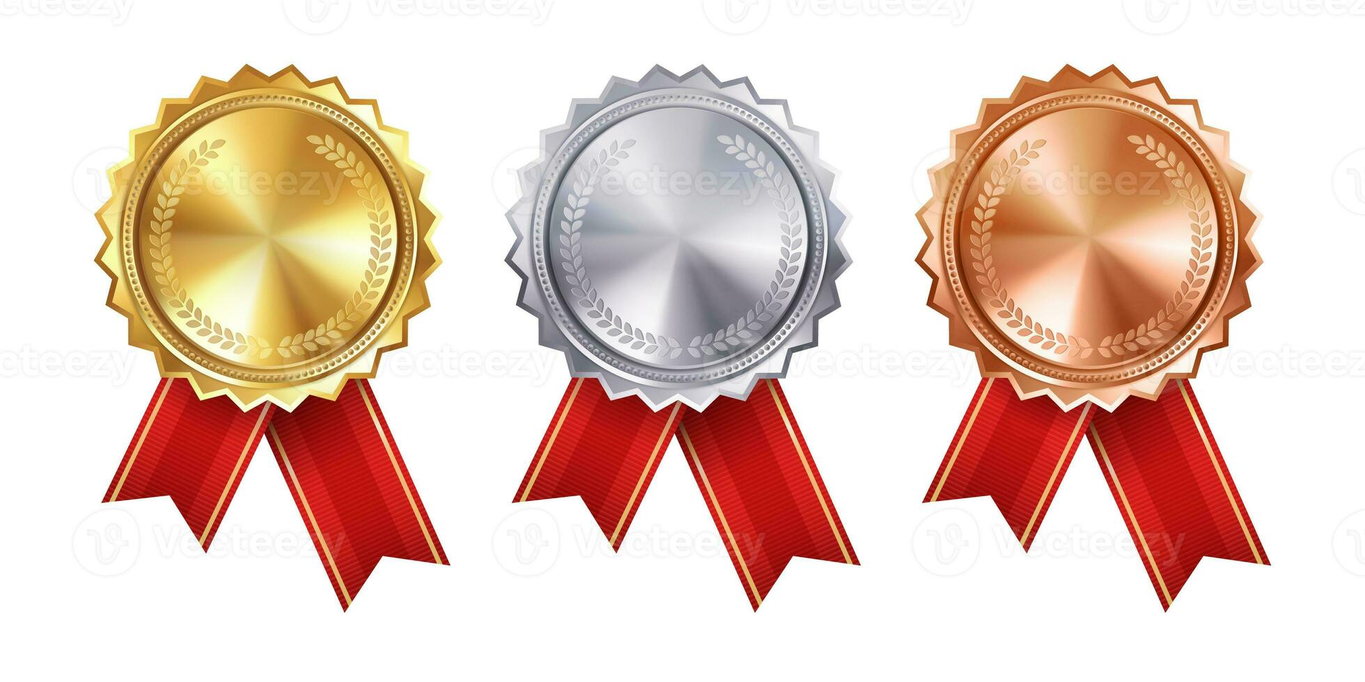 Shiny gold, silver, and bronze award medals with red ribbon rosettes. Vector collection on white background. symbol of winners and achievements photo
