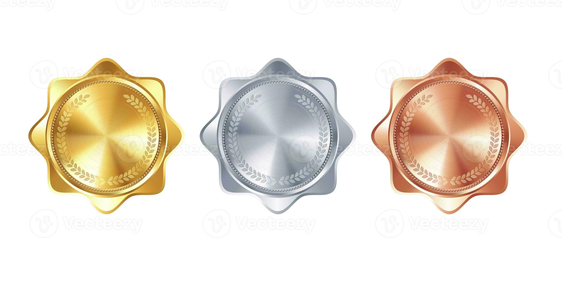 Blank medal templates in gold, silver, and bronze. Versatile designs for custom awards and creative projects photo