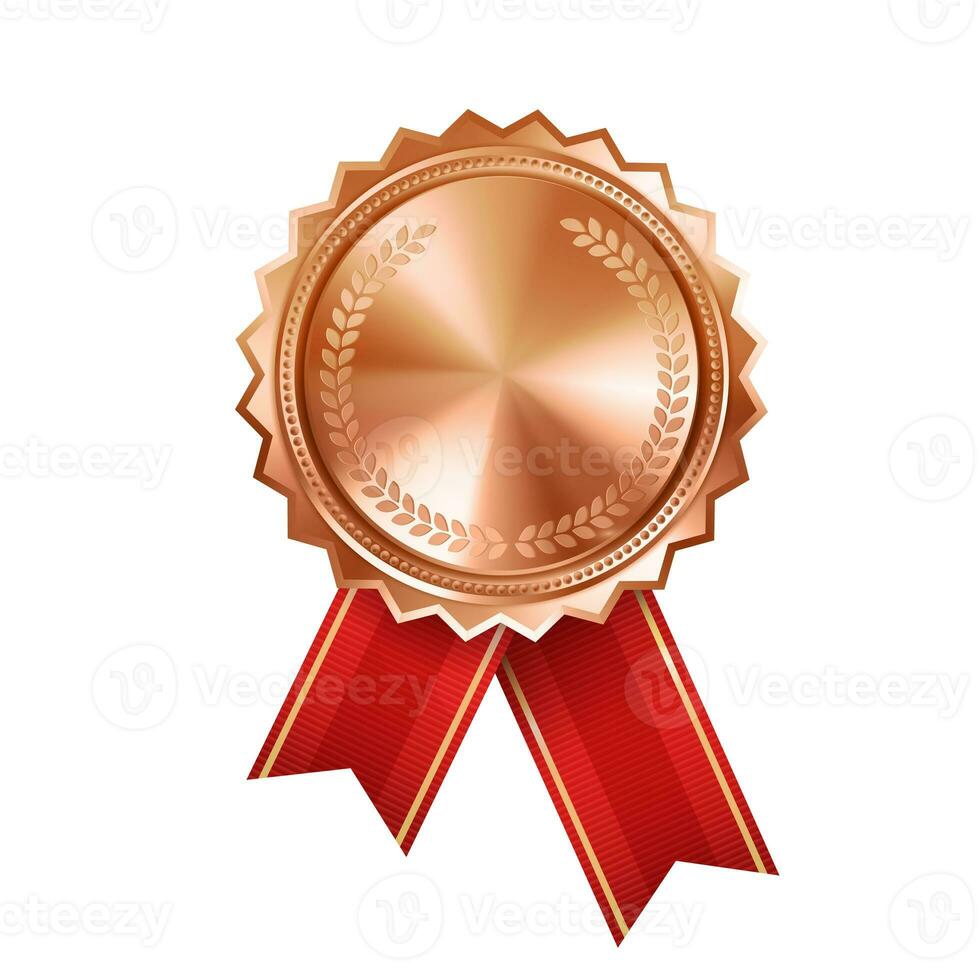 Shiny realistic empty bronze award medal with red ribbon rosettes on white background. Symbol of winners and achievements. photo