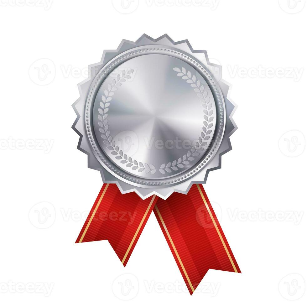 Shiny realistic empty silver award medal with red ribbon rosettes on white background. Symbol of winners and achievements. photo