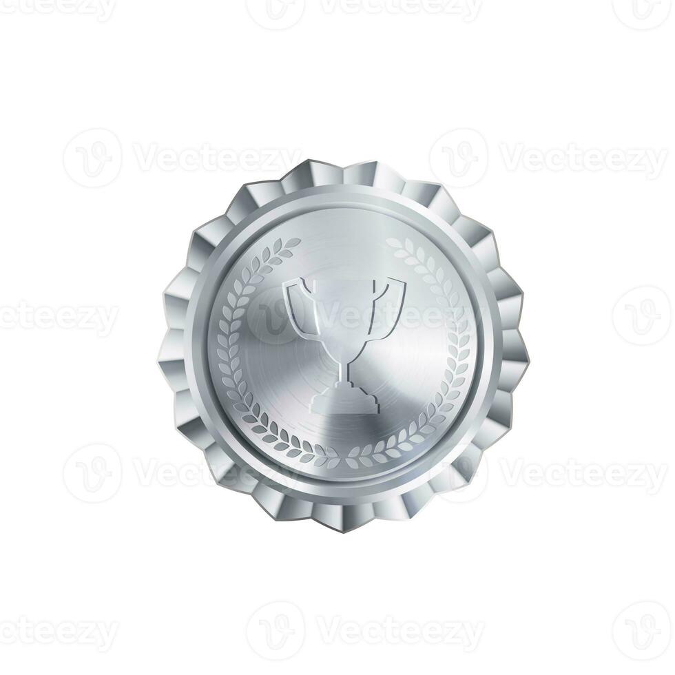 Realistic silver medal with engraved laurel wreath and winner cup. Versatile designs for custom awards and creative projects. photo