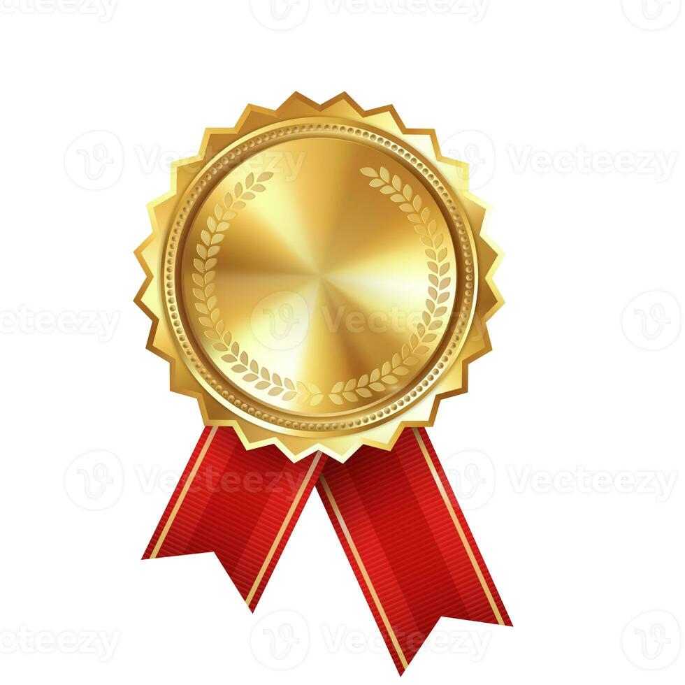 Shiny realistic empty gold award medal with red ribbon rosettes on white background. Symbol of winners and achievements. photo