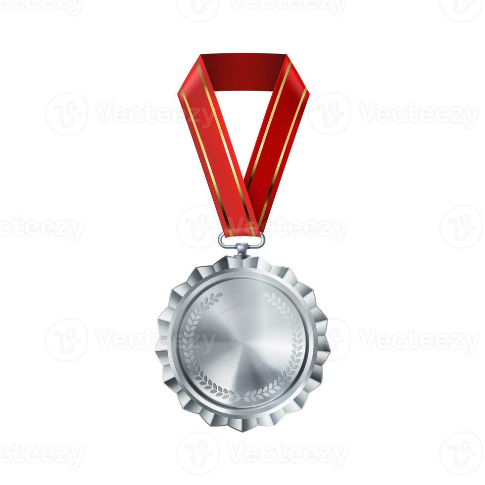 Realistic silver empty medal on red ribbon. Sports competition awards for second place. Championship reward for victories and achievements photo