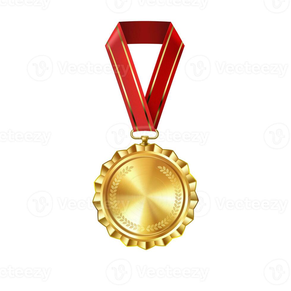 Realistic gold empty medal on red ribbon. Sports competition awards for first place. Championship reward for victories and achievements photo