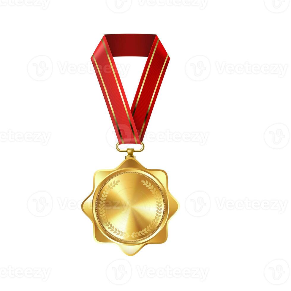 realista oro vacío medalla en rojo cinta. Deportes competencia premios para primero lugar. campeonato recompensa para victorias y logros foto