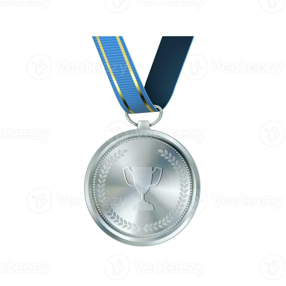 Realistic silver medal on blue ribbon. Sports competition awards for second place. Championship rewards for achievements and victories. photo