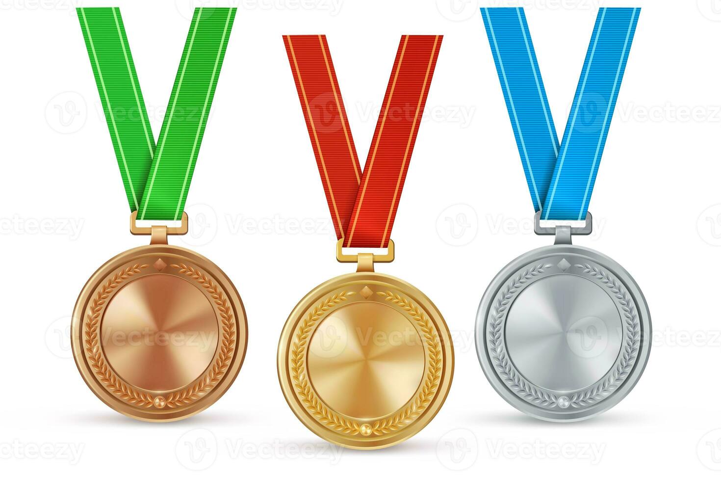 conjunto de realista oro, plata, y bronce vacío medallas en vistoso cintas Deportes competencia premios para 1º, 2do, y 3ro lugar. campeonato recompensas para victorias y logros foto