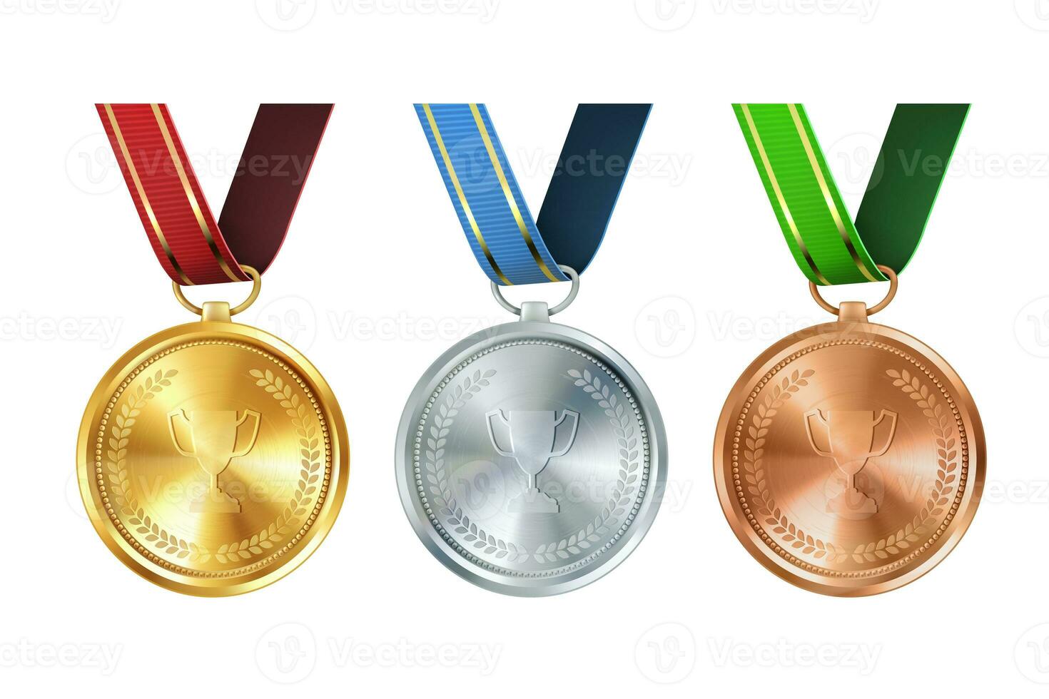 Realistic set of golden, silver, and bronze medals on colorful ribbons. Sports competition awards for 1st, 2nd, and 3rd place. Championship rewards for achievements and victories. photo