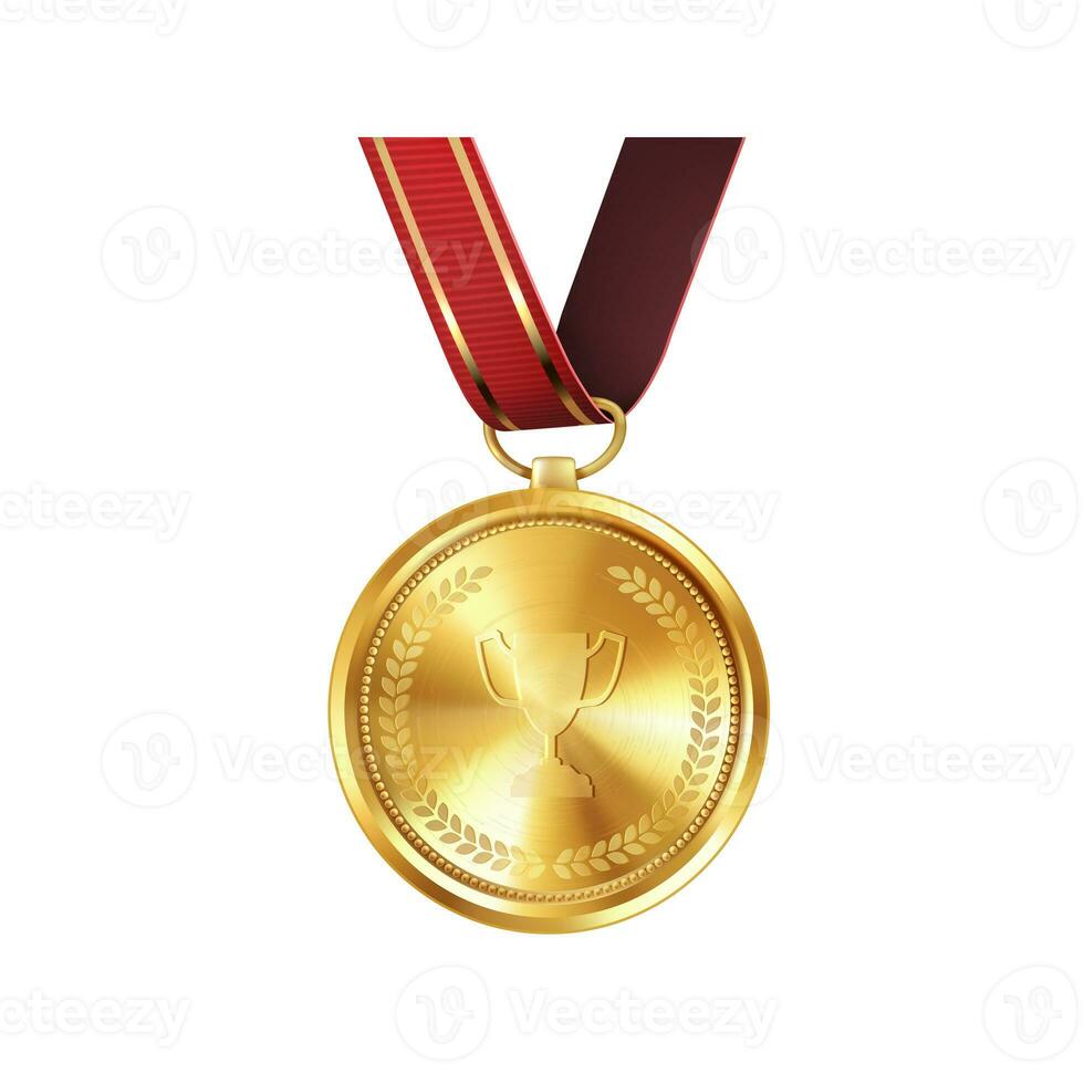 Realistic golden medal on red ribbon. Sports competition awards for first place. Championship rewards for achievements and victories. photo