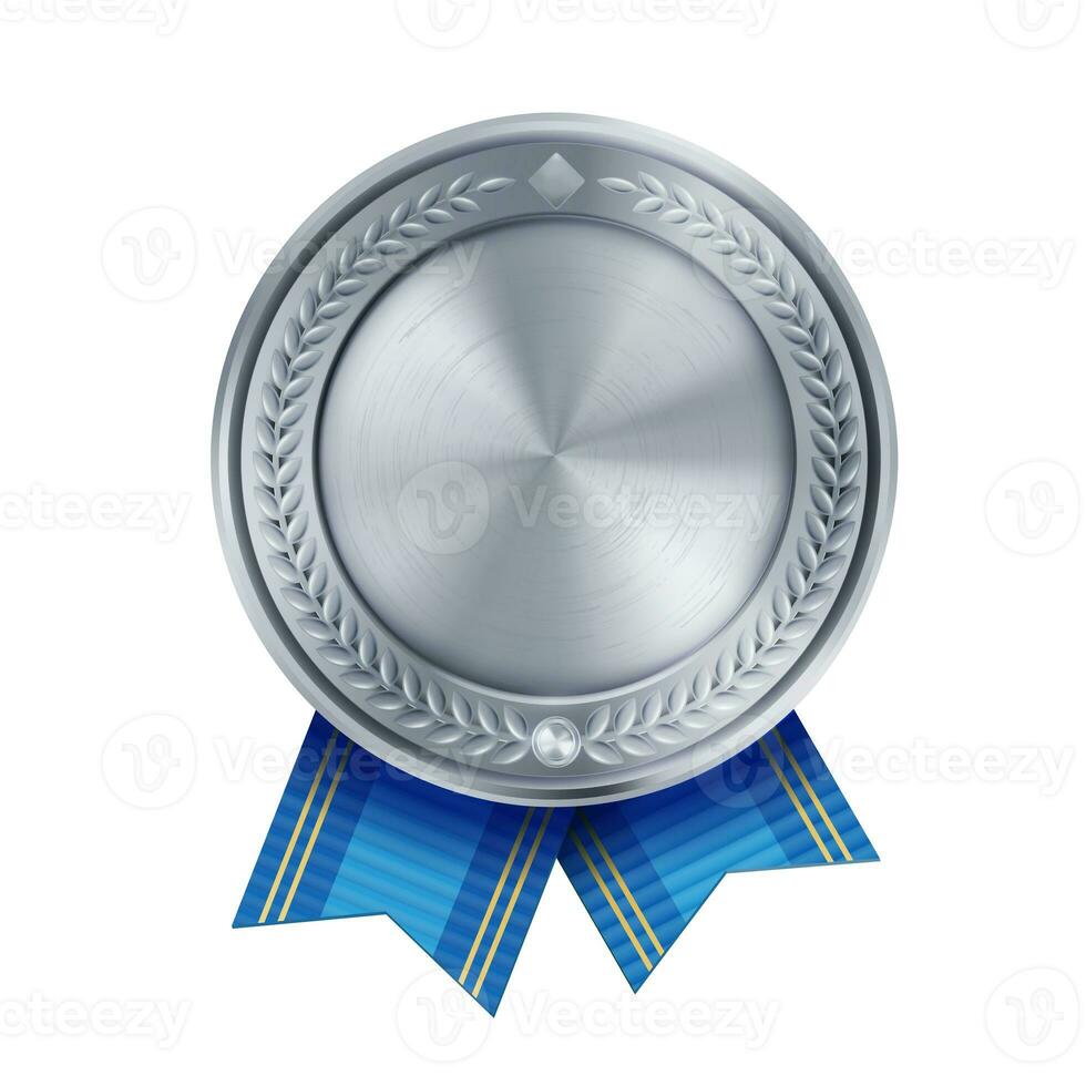 Shiny realistic empty silver award medal with blue ribbons on white background. Symbol of winners and achievements. photo