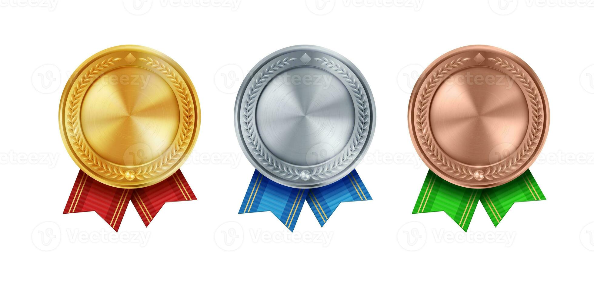 Shiny gold, silver, and bronze award medals with colorful ribbons. Vector collection on white background. Symbol of winners and achievements. photo