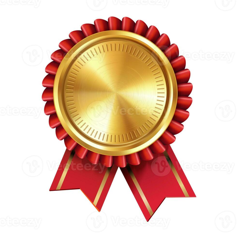 Shiny realistic empty gold award medal with red ribbon rosettes on white background. Symbol of winners and achievements. photo