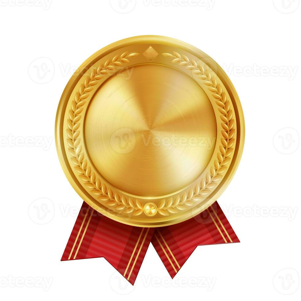 Shiny realistic empty gold award medal with red ribbon rosettes on white background. Symbol of winners and achievements. photo