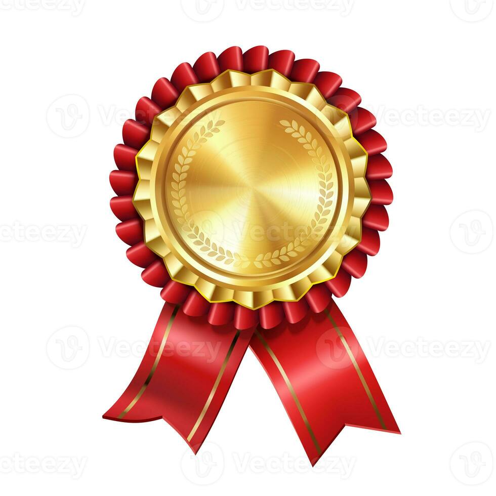 Shiny realistic empty gold award medal with red ribbon rosettes on white background. Symbol of winners and achievements. photo