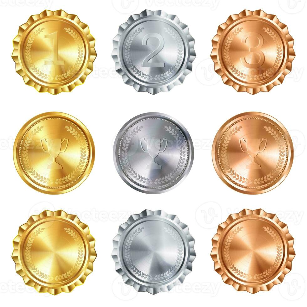 Realistic Vector set of 3D golden, silver, and bronze winner abstract badges with laurel wreaths. Shiny trophy prize design in circle shape collection for champions and outstanding achievements. photo