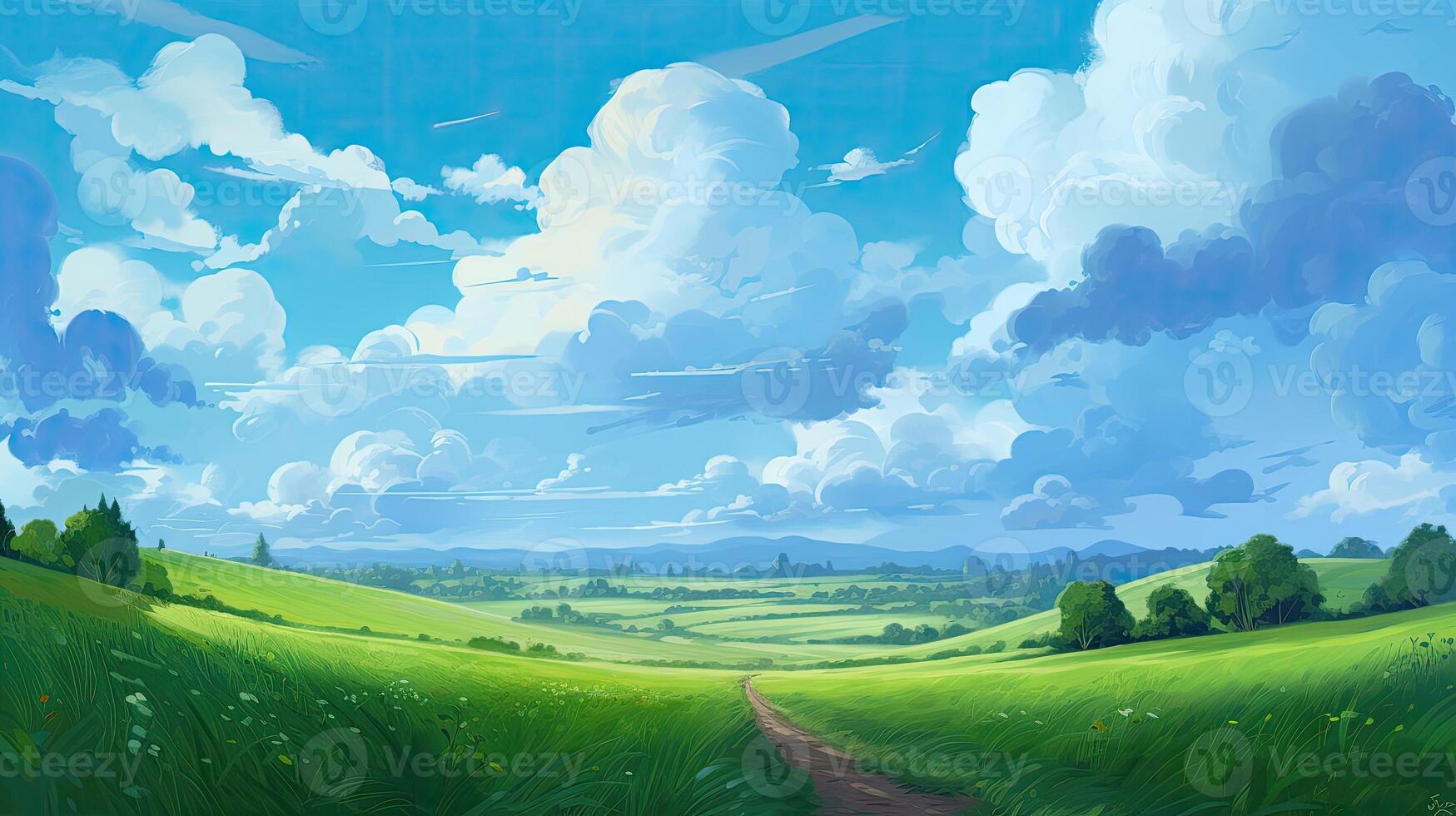 Anime-style artwork of serene pastoral scenes. Fields, clouds, and dirt paths come to life in richly detailed. . photo