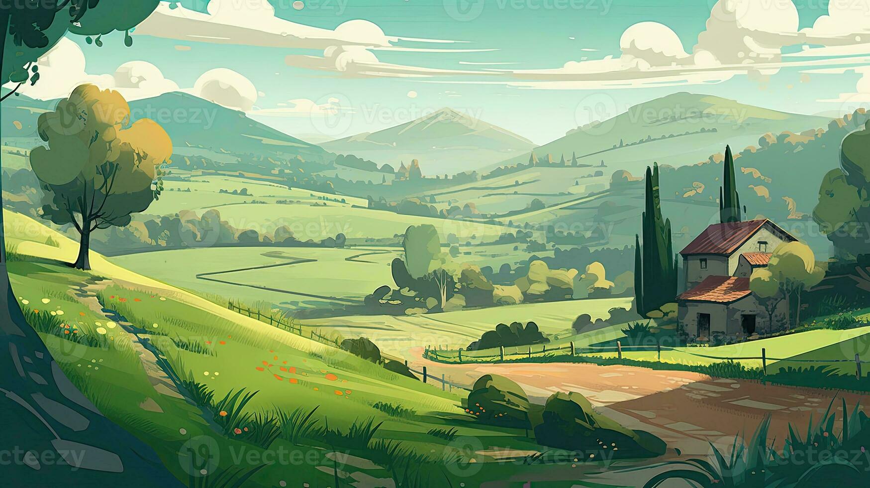 calmante linda rural paisaje con campos, pastos y devanado carreteras en un dibujos animados estilo. generativo ai. foto