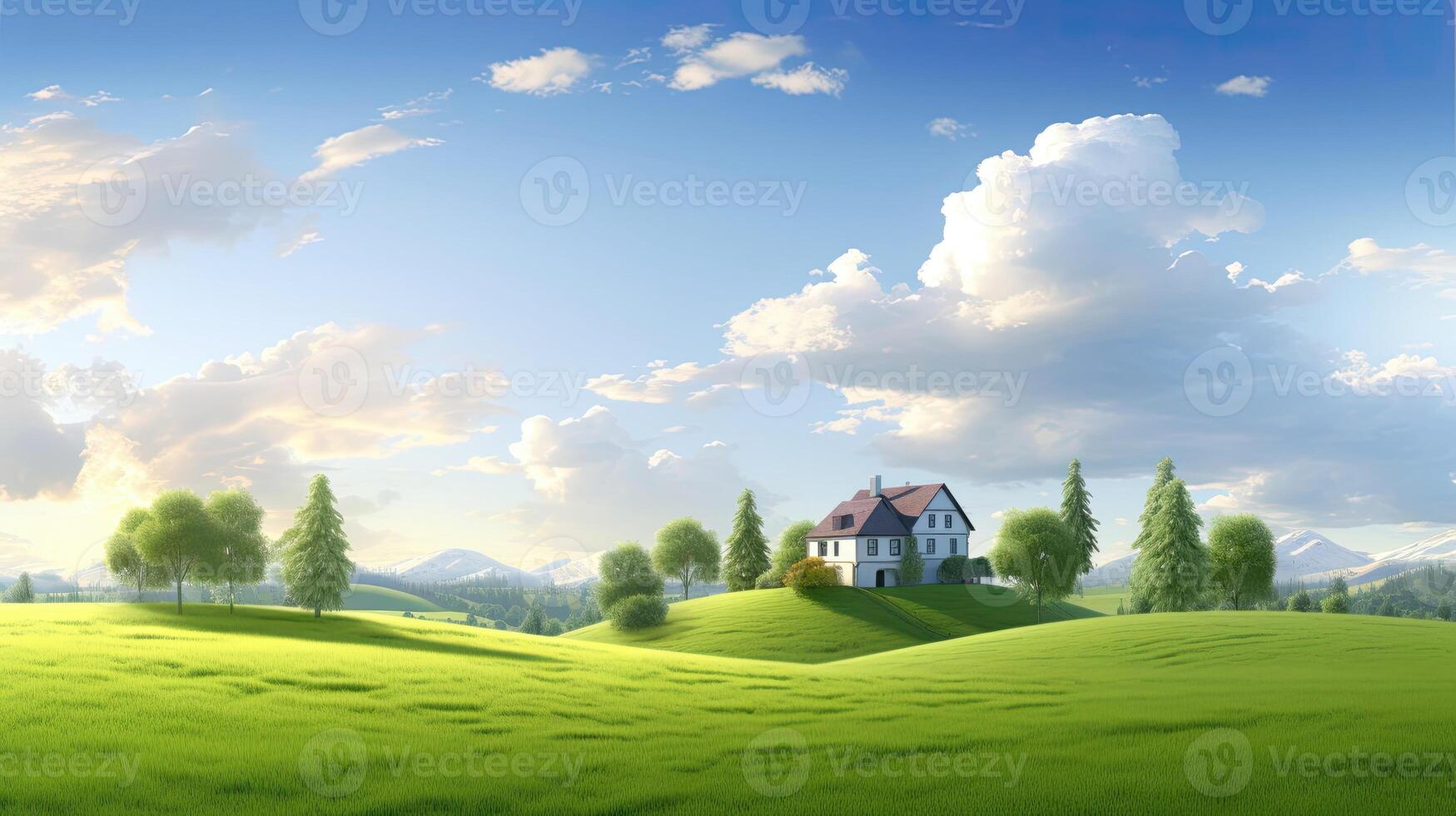 Calming cute rural landscape with fields, pastures and winding roads in a cartoon style. Generative Ai. photo