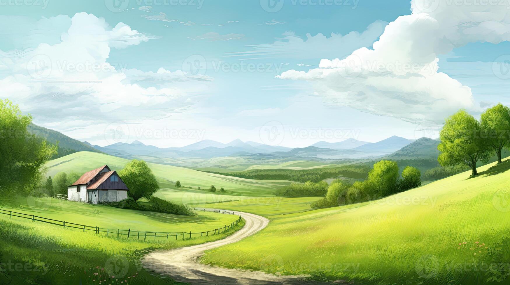 Calming cute rural landscape with fields, pastures and winding roads in a cartoon style. Generative Ai. photo